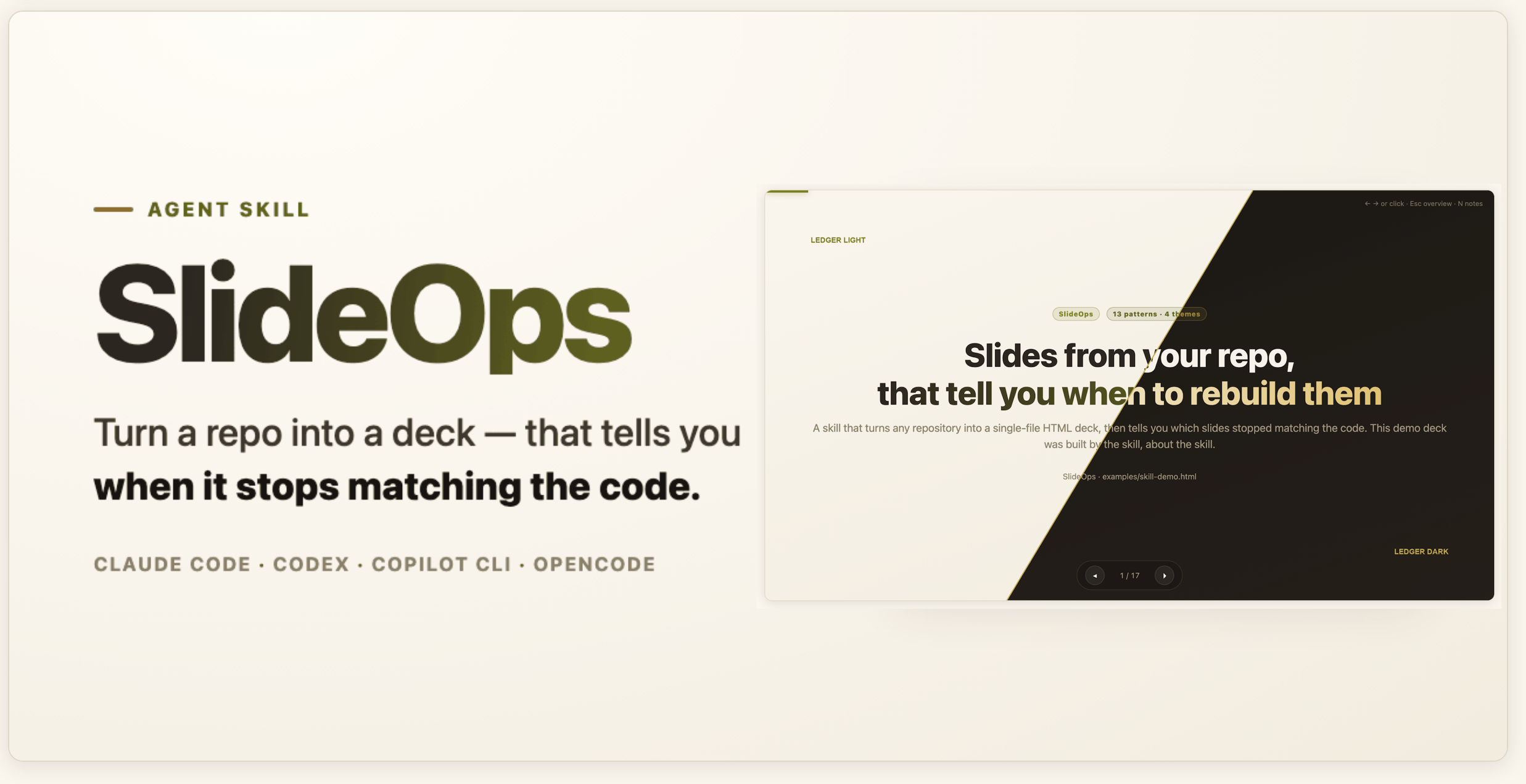 SlideOps: turn a repo into a deck that tells you when it stops matching the code, shown beside the demo deck's title slide