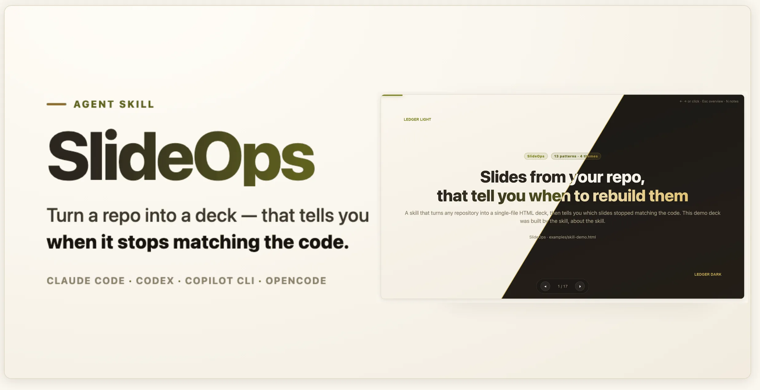 SlideOps: turn a repo into a deck that tells you when it stops matching the code, shown beside the demo deck's title slide